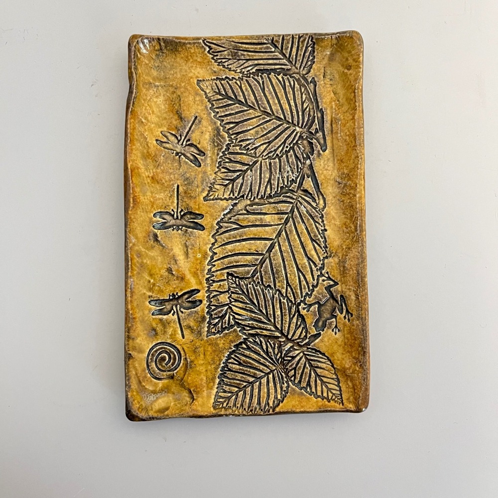 Dragonfly Leaf Ceramic Trinket Dish Yellow Brown Handmade Studio‎ Art